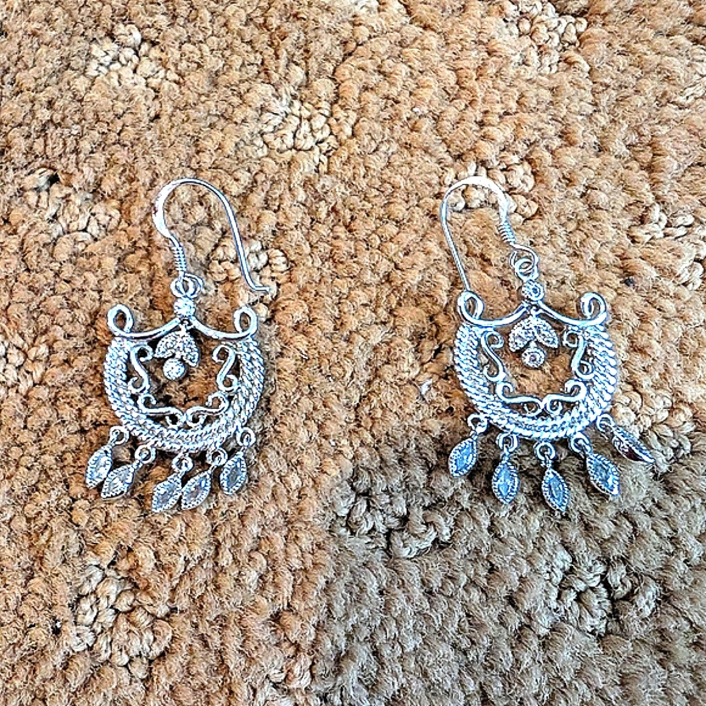 Silver Tone Costume Chandelier  Rhinestones Dangle Earrings